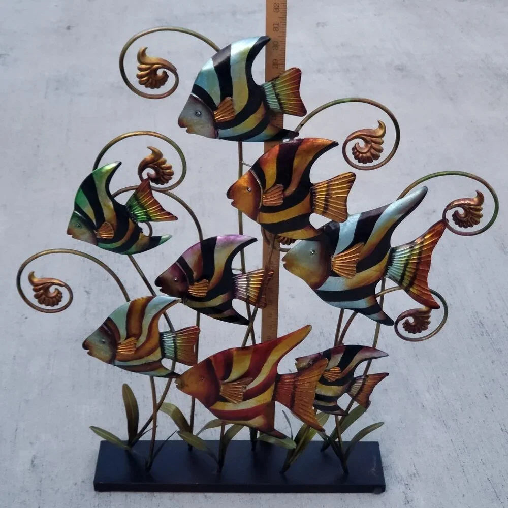 Metal Angel Fish Sculpture Standing Decor Banded Angelfish